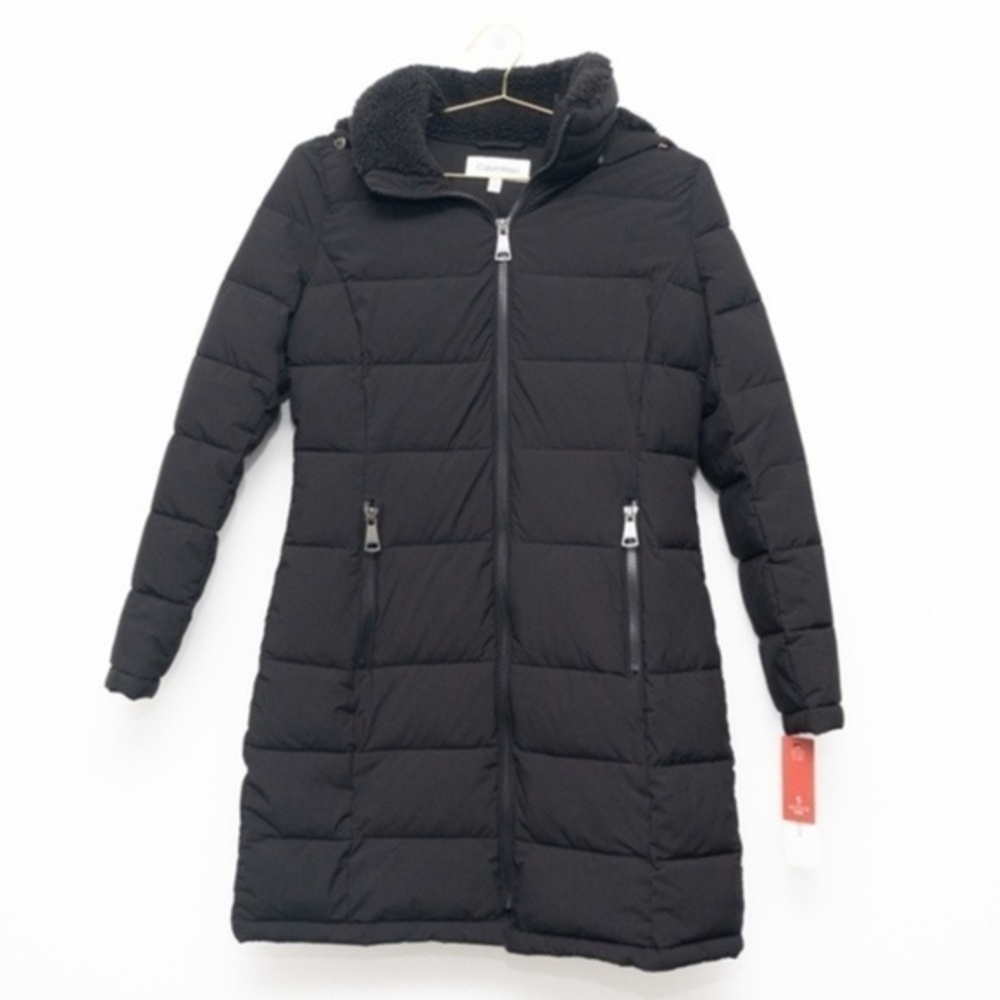 Calvin Klein Long Black Quilted Puffer Coat with Hood